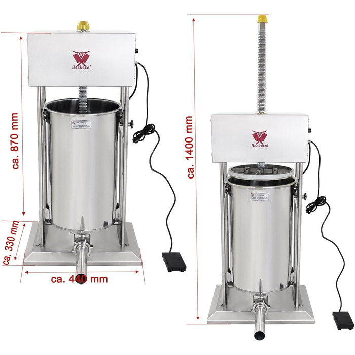 Промислова машина для наповнення ковбас Beeketal &39BTH07&39 з нержавіючої сталі (об&39єм 7 л/горизонтальна конструкція), професійна машина для наповнення ковбас з 2-швидкісним повністю металевим механізмом і рукояткою, включаючи 5 насадок для напов