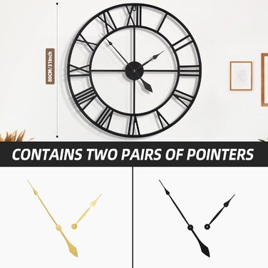 Великий круглий металевий настінний годинник у вінтажному стилі, безшумний, не цокаючий, працює від батареї, 40 см, 16 дюймів, римські цифри, годинники для вітальні, спальні, кухні, настінний годинник, прикраса (чорний, 80 см)
