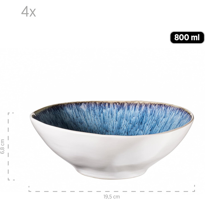 Набор из 9 замороженных мисок серии MSER из красивой керамики, 1 салатница, 4 миски для рамена и 4 миски для соуса, органические формы в винтажном виде, ручная глазурь, керамогранит, синий, 26