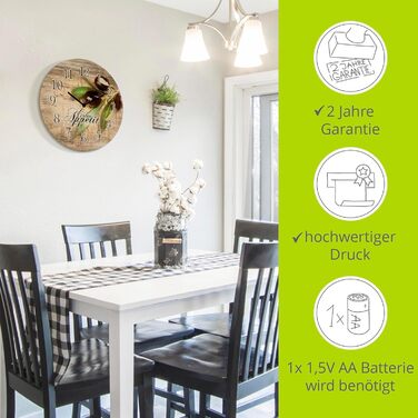 Настінний декор ARTLAND настінний годинник з дерева без цокання безшумний круглий Ø 30 см кухонний годинник кава капучино круасан T5XO Капучино та круасан (оливки, радіогодинник)