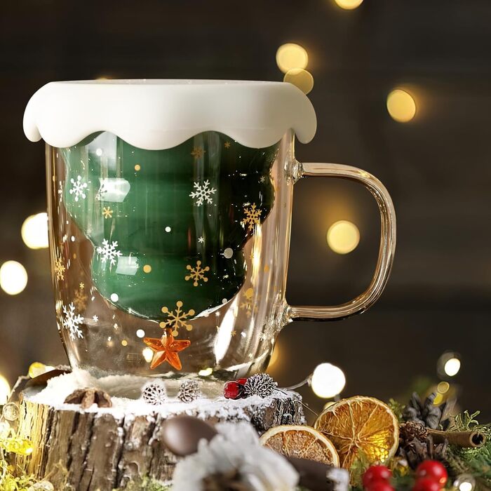 Різдвяний скляний кухоль 300 мл з кришкою та ложкою, стиль 10 Syfunlv