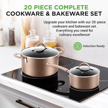 Набір посуду NutriChef з 20 предметів з антипригарним покриттям каструля, сковорідка та посуд для випікання набір посуду без ПФОК/ПФОС для газових, електричних, керамічних та індукційних варильних поверхонь включає сковорідки, каструлі, деко, форму для хл