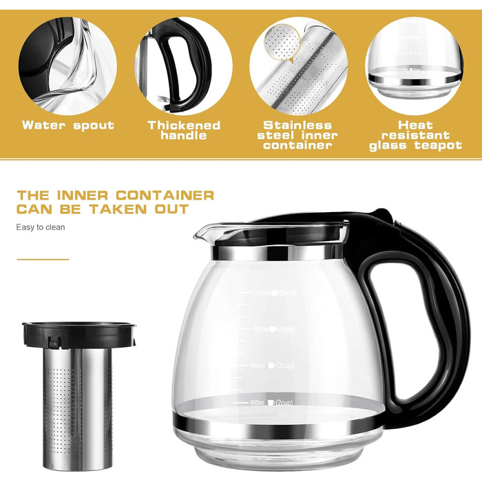 Чайник заварювальний скляний 1,5 л з фільтром для чаю OUNONA