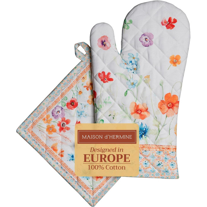 Рукавички для духовки Maison d&39 Hermine, Прихватки для каструль, 100 бавовна, термостійкі кухонні рукавички, рукавички для духовки (19 x 33 см) та прихватки для каструль (20 x 20 см) для приготування їжі, Morzine - Рукавички для духовки (19 x 33 см) та 