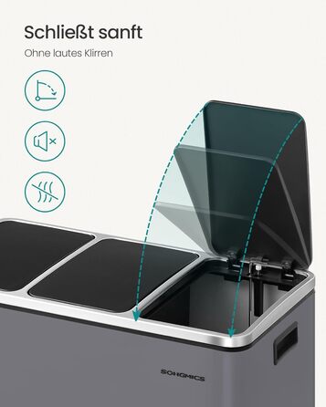 Кухонний кошик для сміття SONGMICS, 3 x 18 л, система розділення сміття з 3 відділеннями, включаючи 15 мішків для сміття, відро для сміття, відро для сміття з педаллю, для вторинної переробки, органічні відходи, з кришкою, LTB54BK (матово-сірий)