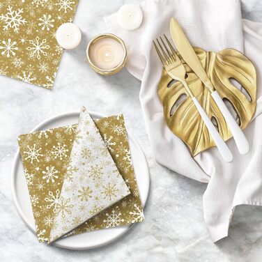 Серветки 3-шарові (33 x 33 см) I 20 шт. I Різнокольорові паперові серветки, ідеальні для різдвяного столу I Серветки - Різдво, зима, зірки, сніг, сніговики I (Подвійний дизайн різдвяних сніжинок, золотистий)