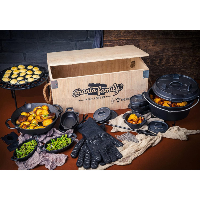 Набір голландської печі барбекю-Торо в дерев'яній коробці, чавун, попередньо приправлений, набір гриля з голландською духовкою, дерев'яна коробка, сковорода, каструля, сковорода, підставка, підйомник кришки (19 предметів)