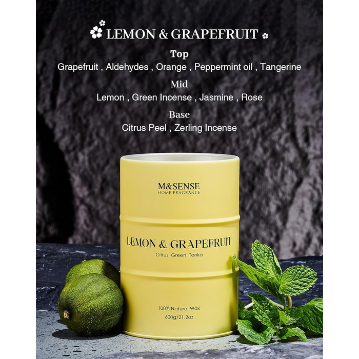 Ароматичні свічки M&SENSE з натурального соєвого воску, натуральна соєва свічка для домашнього декору, тривале горіння до 70 годин, класні подарунки-свічки для чоловіків і жінок (600 г, лимон і грейпфрут)