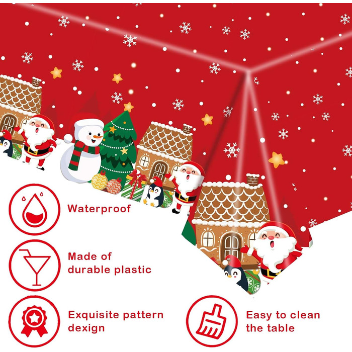 Різдвяні скатертини, одноразові різдвяні скатертини, великі прямокутні скатертини у формі Санта-Клауса, сніговика, обідні скатертини для різдвяної вечірки (137 x 274 см) (червоний фон сніговик), 2