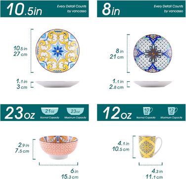 Порцеляновий набір посуду Haruka, 48 шт. Набір круглий комбо-сервіз на 12 осіб, включає чашки, миски, десертні тарілки та обідні тарілки (жасмин, набір посуду з 32 предметів)