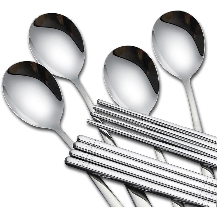 Металеві палички для їжі tiokin, 5 пар, 9,5 дюймів, преміум-класу, багаторазові палички для їжі з нержавіючої сталі 304, корейські квадратні, легкі, нековзні, можна мити в посудомийній машині (4 пари паличок для їжі та 4 ложки для супу)