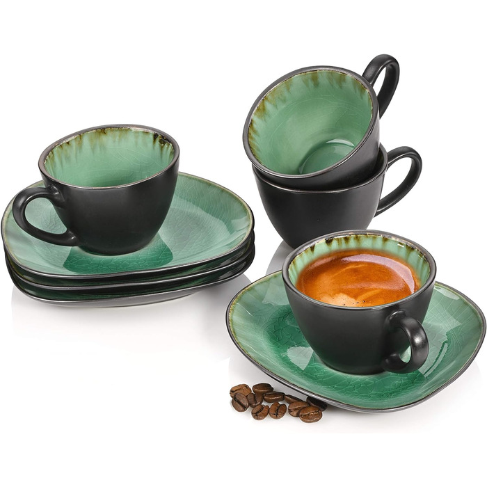 Певец Фаянсовый кофейный сервиз Palm Beach 12 шт., набор кофейной посуды на 4 персоны, чашки, подставки, десертные тарелки, расширяемые (чашки для эспрессо 8 шт.)