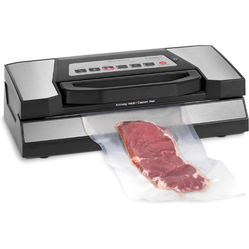 Усовершенствованный вакуумный упаковщик CASO VRH 690 - до 150 непрерывных процессов вакуумной сварки, двойной сварной шов, 20 л/мин, встроенный роликовый отсек с практичным резаком, фасад из нержавеющей стали, вкл. 2 профессиональных рулона пленки