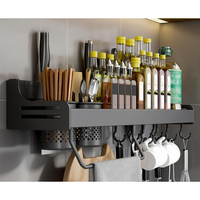 Підвісна підставка для спецій з металу, міцна кухонна полиця, настінна підставка для спецій, органайзер для спецій, кухонний органайзер, підставка для спецій з тримачем для рушників, Daojai, гачки та тримач для столових приборів, сіра, (60 см, чорна)