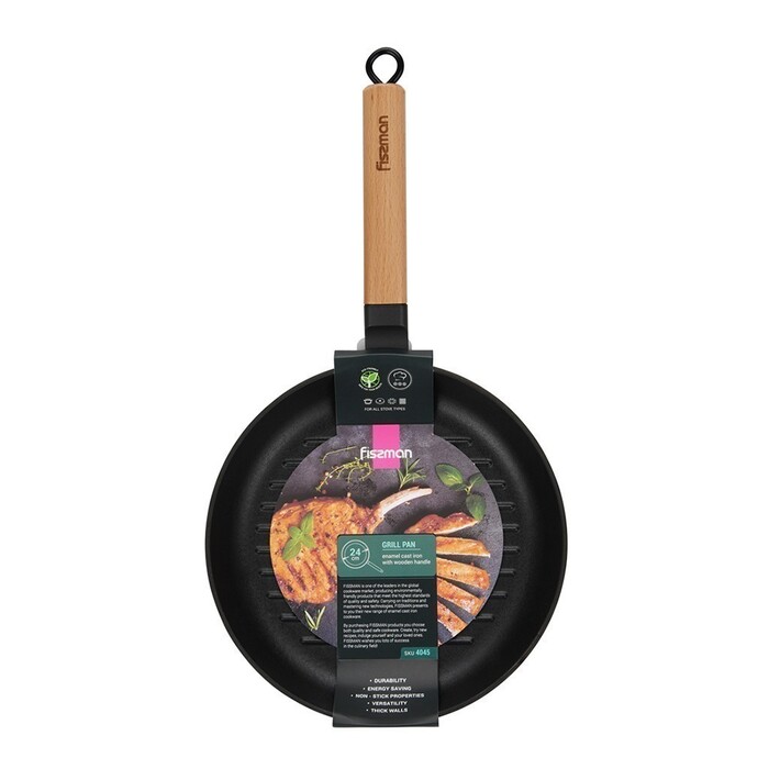 Кругла пательня-гриль Fissman з дерев`яною ручкою 24x3,5 см чавун (4045)