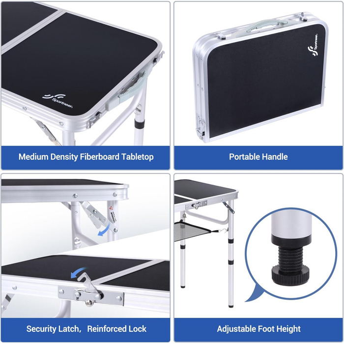 Складаний кемпінговий стіл з 3 рівнями висоти 60 х 40 см чорний Sportneer