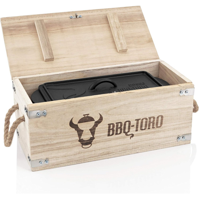 Барбекю-Toro Голландська піч для хліба Чавунна каструля для приготування їжі Чавунна каструля 3,0 літра я попередньо заправив - вже заправлений Запіканка з кришкою Горщик для запікання (з дерев'яним ящиком)