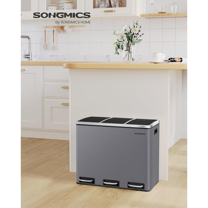 Кухонний кошик для сміття SONGMICS, 3 x 18 л, система розділення сміття з 3 відділеннями, включаючи 15 мішків для сміття, відро для сміття, відро для сміття з педаллю, для вторинної переробки, органічні відходи, з кришкою, LTB54BK (матово-сірий)