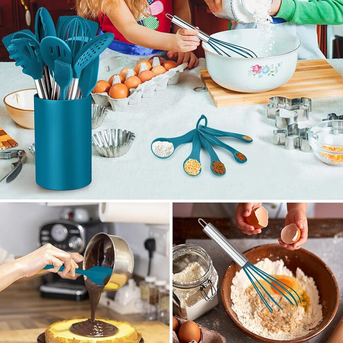 Набор кухонной утвари Herogo из 30 предметов с держателем, набор силиконовой кухонной утвари с ручкой из нержавеющей стали, жаропрочная кухонная утварь, можно мыть в посудомоечной машине, (синий)
