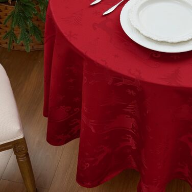 Маленька різдвяна скатертина Romanstile, яку можна прати та вона водовідштовхувальна, жакардовий олень та ялинка, квадратна скатертина для журнального столика, святкова, подарункова ( 180 см, червона)