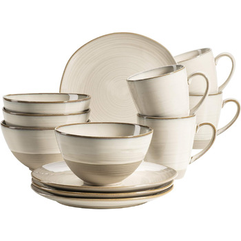 Набір вінтажного посуду MSER 931818 серії Ноттінгем на 4 персони, сервіз для сніданку з 12 предметів неправильної круглої форми в стилі ретро, керамограніт