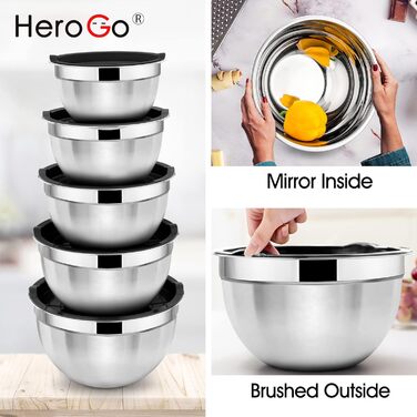 Набір мисок для змішування Herogo з 3 шт. , гніздова миска з нержавіючої сталі з чорними герметичними кришками, металеві миски для салату для приготування їжі, нетоксичні та нержавіючі, придатні для миття в посудомийній машині (4.5/2.7/1.5 QT)