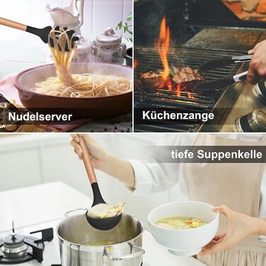 Набір кухонного начиння Herogo, 12 предметів Силіконові кухонні гаджети Набір кухонних столових приборів з тримачем, Набір жароміцного посуду з дерев'яною ручкою, Набір лопаток з антипригарним покриттям - Чорний чорний 12