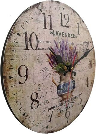 Настінний кухонний годинник YOAI, вінтажний шаббі-шик, антикварний, ностальгічний, сільський, кварцовий годинник з МДФ з безшумним механізмом, 12 дюймів/30 см Ø (лаванда в горщику)
