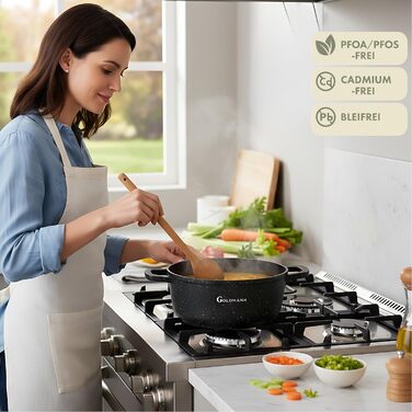 Каструля/горщик GOLDMANN з антипригарним покриттям та скляною кришкою, 6,5 л, мармурове керамічне покриття, для всіх варильних поверхонь, екологічно чиста (20 см)