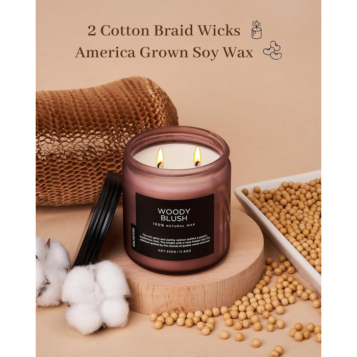 Ароматичні свічки M&SENSE з кавою у скляній банці з 2 гнітами 330 г, час горіння 70 годин, свічка з натурального соєвого воску для спальні, кухні, декору дому, подарункова свічка для чоловіків та жінок, смажена кава (коричнева)