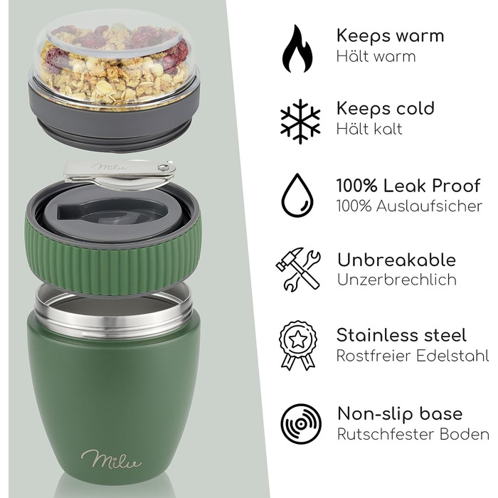 Стаканчик для пластівців Milu 400 мл з назвою MsliMax для йогурту герметичний стаканчик з ложкою (оливково-зелений, нержавіюча сталь)