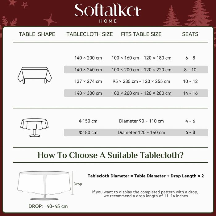Велика різдвяна скатертина Softalker, яку можна прати, 300x150 см, сучасні різдвяні скатертини зі сніжинками та ялинковим мотивом для різдвяної вечері, сімейного свята, новорічної ночі, вулиці, кухні (180 см (кругла), червона)