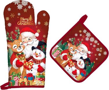 Набір з 2 різдвяних рукавиць для духовки та підставки для каструль Arquiel, 100 бавовняні кулінарні рукавички, термостійкі кухонні рукавички для приготування їжі, різдвяні подарунки для жінок (Санта Клаус, рукавичка для духовки підставка для каструль)