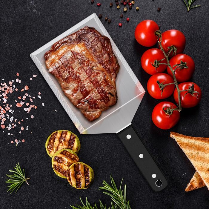 Лопатка для бургерів Herogo, нержавіюча сталь, велика металева лопатка зі скошеними краями, зламаний фліппер для бургерів Лопатка для гриля для перевертача барбекю, міцна та міцна ручка, включаючи S-подібний гачок, 31 x 13 см