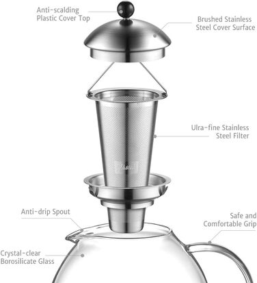 Стеклянный чайник 2000 мл с ситечком для чая из нержавеющей стали Glastal