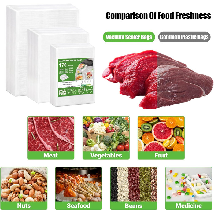 Вакуумні пакети 170 пакетів 15 x 25 см, 20 x 30 см, 28 x 40 см Omtofo