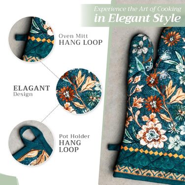 Рукавички для духовки, прихватки для каструль Maison d&39 Hermine, 100 бавовна, термостійкі кухонні рукавички, рукавички для духовки (19 x 33 см) та прихватки для каструль (20 x 20 см) для приготування їжі, Morzine - Рукавички для духовки (19 x 33 см) та 