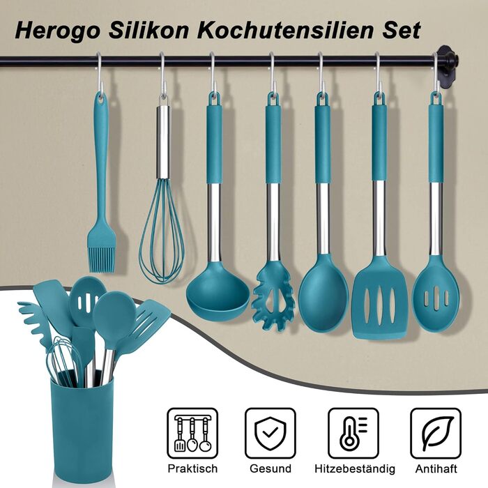 Набір силіконових кухонних гаджетів Herogo, набір кухонного посуду з 22 предметів Набір кухонних столових приборів із тримачем для посуду, термостійке кухонне начиння з ручкою з нержавіючої сталі, антипригарне та здорове (синій)