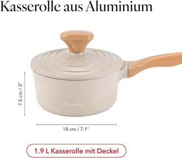 Алюмінієва каструля FLORINA 16 см 1,6 л Підходить для індукції Керамічне покриття, стійке до подряпин М&39яка ручка під дерево Термостійка Для всіх варильних поверхонь Легко миється (OSLO, 1,9 л - 18 см)
