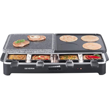 Раклет-гриль SEVERIN з натуральним каменем для гриля та пластиною для гриля, раклет з антипригарною пластиною для гриля та 8 сковородами, настільний гриль на 8 осіб, макс. 1300 Вт, чорний, RG 2371 (регульований термостат)
