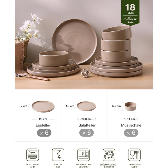 Набір посуду Richmount Nebula для 6 осіб, набір тарілок та мисок із 18 предметів, набір посуду з крапчастої кераміки, можна використовувати в мікрохвильовій печі та мийній машині, колір кориця-коричневий, сервіз Nebula для 6 осіб