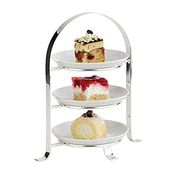 Стійка для сервірування APS високоякісна хромована металева підставка для торта на 3 тарілки з максимальним Ø 27 см - загальна висота 43 см (тарілки в комплект не входять) (3 тарілки - Ø 17см)