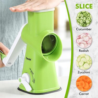 Терка для сиру, Ручна барабанна тертка з 3 знімними барабанними лезами, Овочерізка для швидкого різання, ідеально підходить як терка для картоплі, Терка для горіхів з рукояткою, Подрібнювач горіхів, Подрібнювач мигдалю (Зелений)