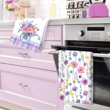 Кухонні рушники, бавовна, 4 упаковки, кухонні рушники, 100 бавовна. Осінній набір кухонних рушників. Універсальні високоякісні кухонні рушники для сушіння, 50 x 70 см (фіолетова квітка 02)