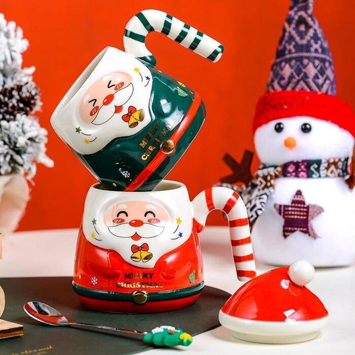 Різдвяна кружка, з ручками у формі цукерок та ложкою у формі ялинки 400 мл. ZONSUSE