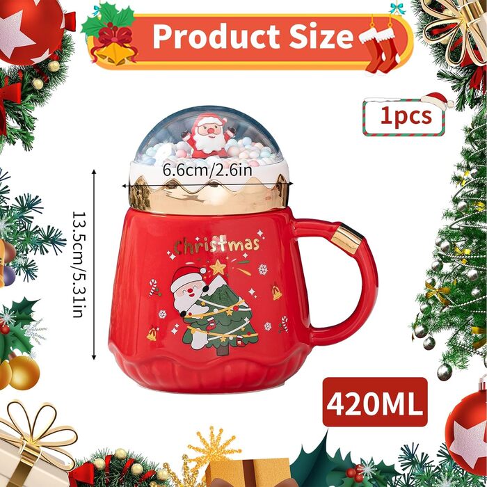 Різдвяний кавовий кухоль 420 мл з декоративною кришкою та ложкою, червоний TSLBW