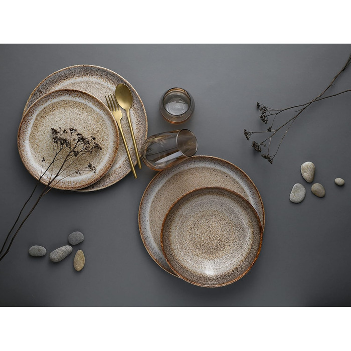 Серія Stone, набір посуду на 8 персон, комбінований сервіз з кам'яного посуду, з можливістю миття в посудомийній машині та мікрохвильовій печі, зроблено в Португалії (обідній сервіз 12 предметів, піщаний камінь), 14437