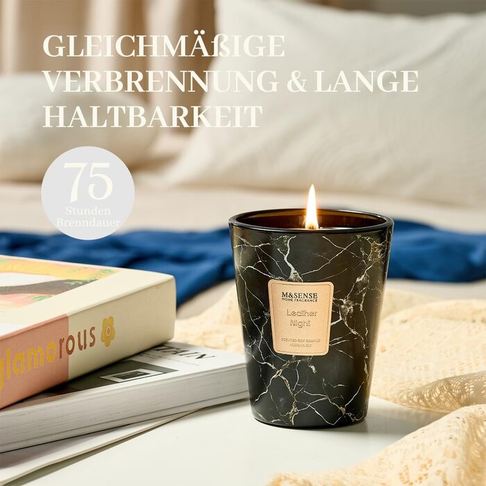 Велика ароматична свічка M&SENSE Чорні ароматичні свічки у склянці Ароматизована свічка з натурального соєвого воску Розслаблююча ароматерапія Подарунок для жінок та чоловіків, Різдво Час горіння 75 годин та 2 ґноти (Leather Night, 400 г)