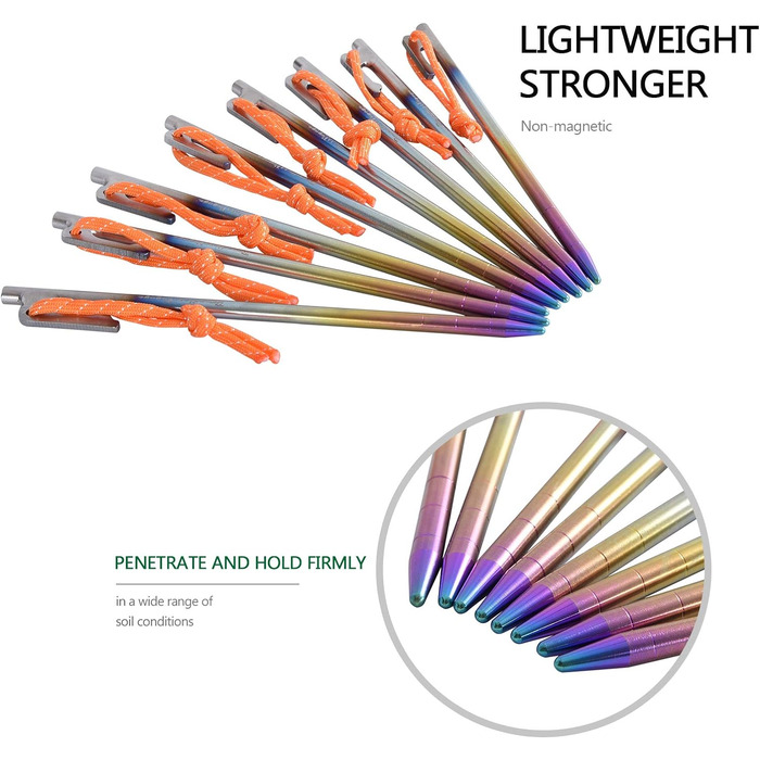 Кілочки з титанового сплаву 7 мм Надміцні цвяхи для намету Барвисті шліфовані цвяхи Міцні кемпінгові шпильки Садові кілки Кілочки для кемпінгу Тент Туристичний брезент 20 см / 24 см / 30 см / 35 см / 40 см 6 / 8 шт. / лот Ti4013P (20 см 8 шт. / лот Ti4013