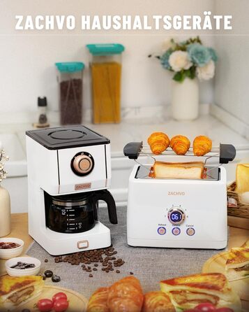 Тостер на 2 скибочки, тостер ZACHVO з підігрівом булочок, 6 рівнів підрум&39янювання, 850 Вт, знімний піддон для крихт, світлодіодний екран, високий підйом, розігрів, розморожування, функція скасування